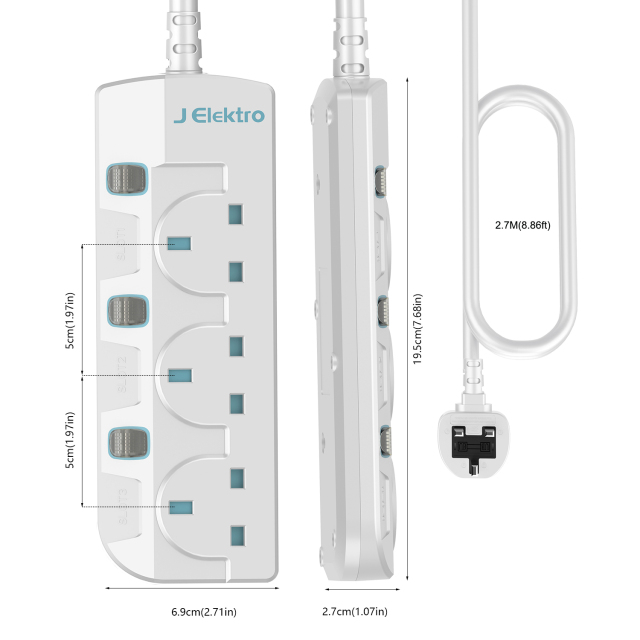 3 Gang Wall Mount Power Strip with 3M Extension Lead Widely Spaced AC Sockets, Multi Outlet Extension Lead for Home Entertainment Center