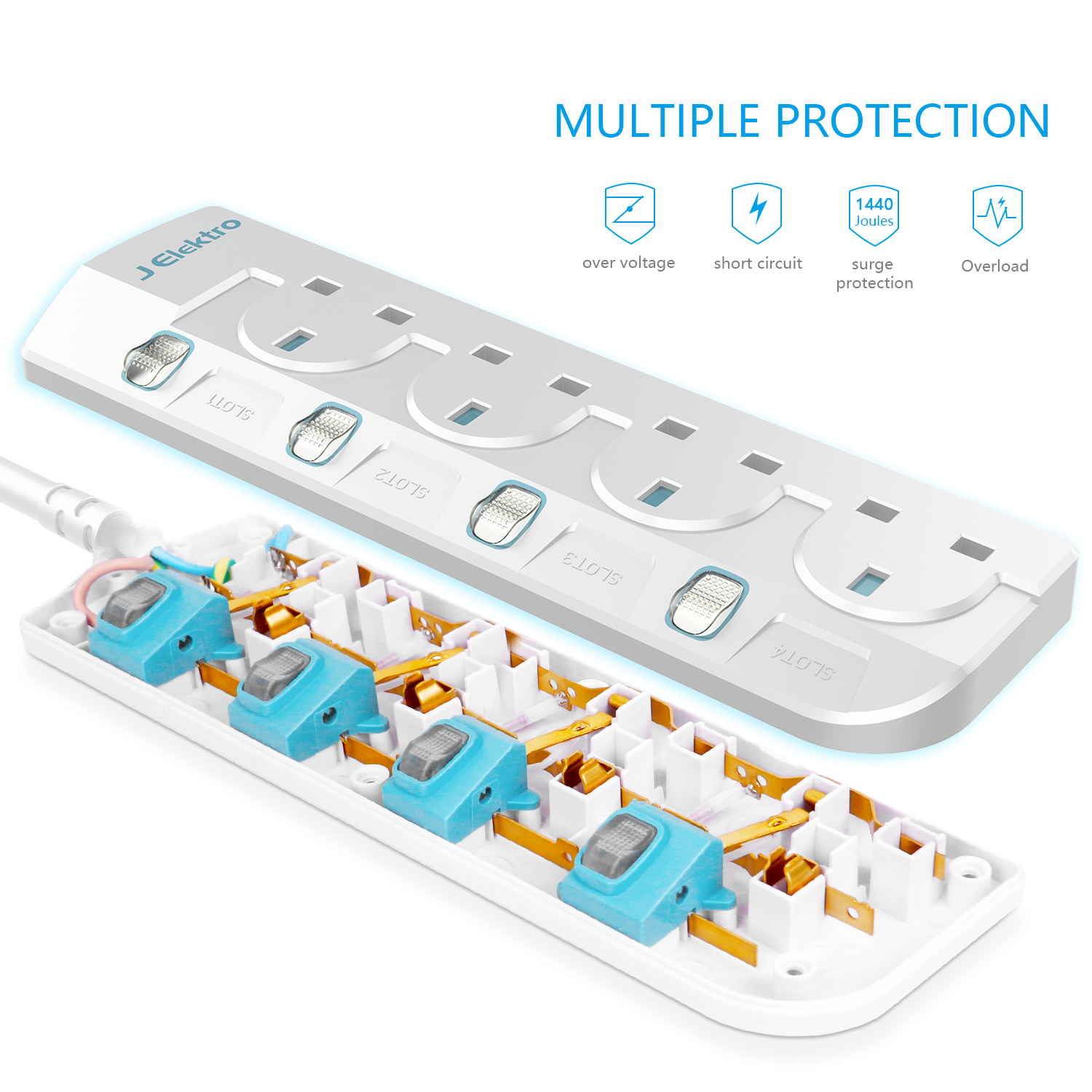 4 Gang Wall Mount Power Strip with 3M Extension Lead Widely Spaced AC Sockets, Multi Outlet Extension Lead for Home Entertainment Center