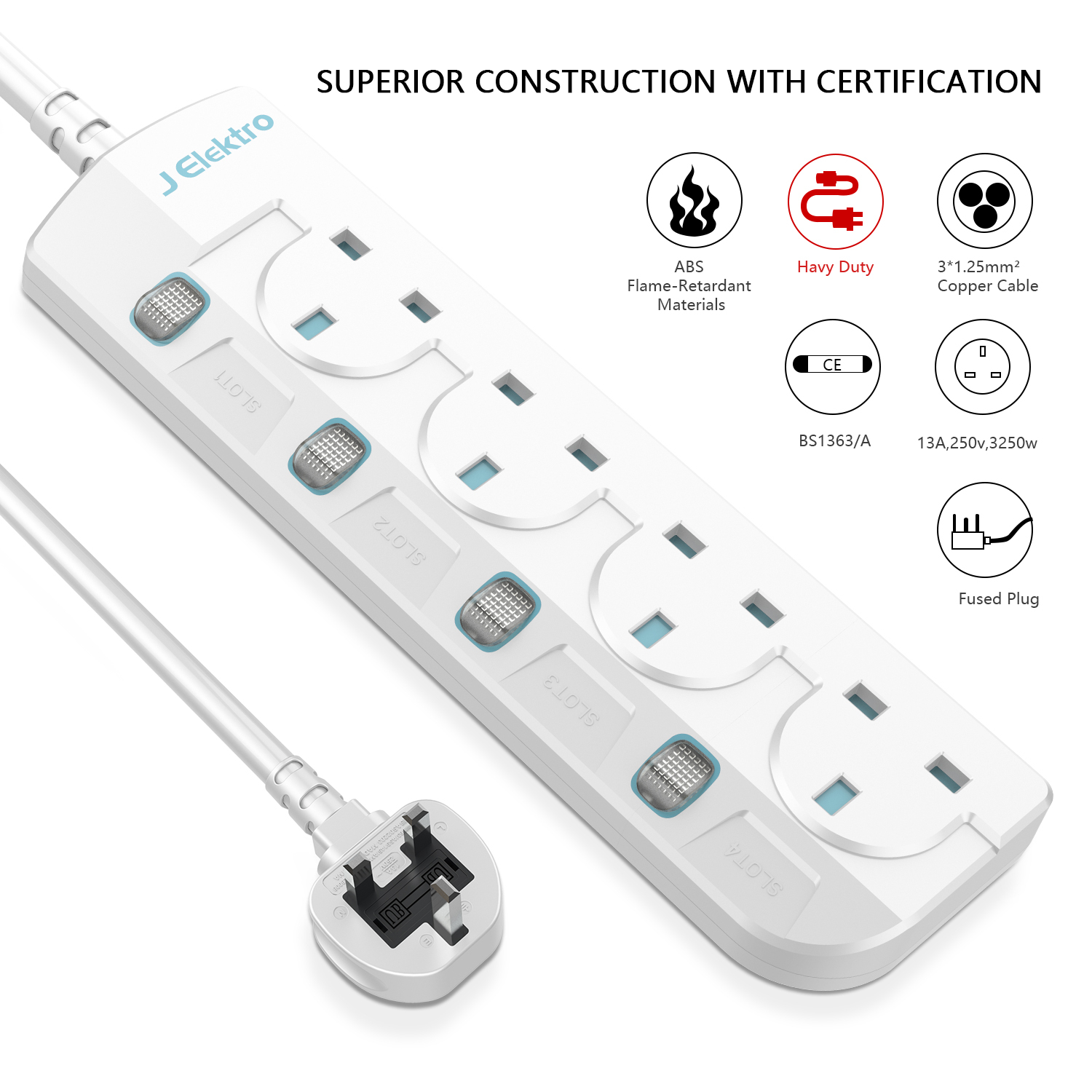 4 Gang Wall Mount Power Strip with 3M Extension Lead Widely Spaced AC Sockets, Multi Outlet Extension Lead for Home Entertainment Center