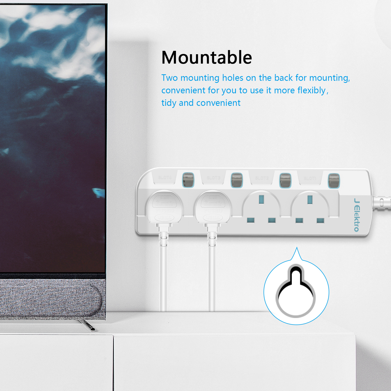 4 Gang Wall Mount Power Strip with 3M Extension Lead Widely Spaced AC Sockets, Multi Outlet Extension Lead for Home Entertainment Center