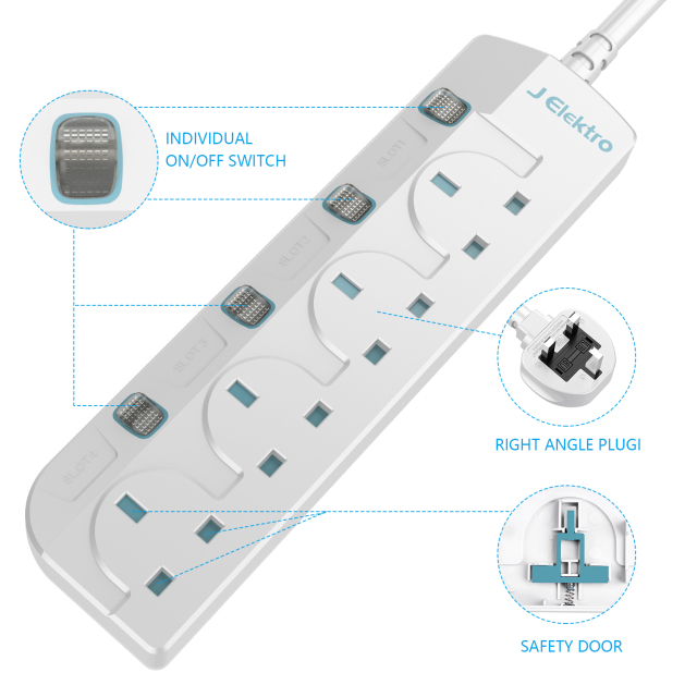 4 Gang Wall Mount Power Strip with 3M Extension Lead Widely Spaced AC Sockets, Multi Outlet Extension Lead for Home Entertainment Center