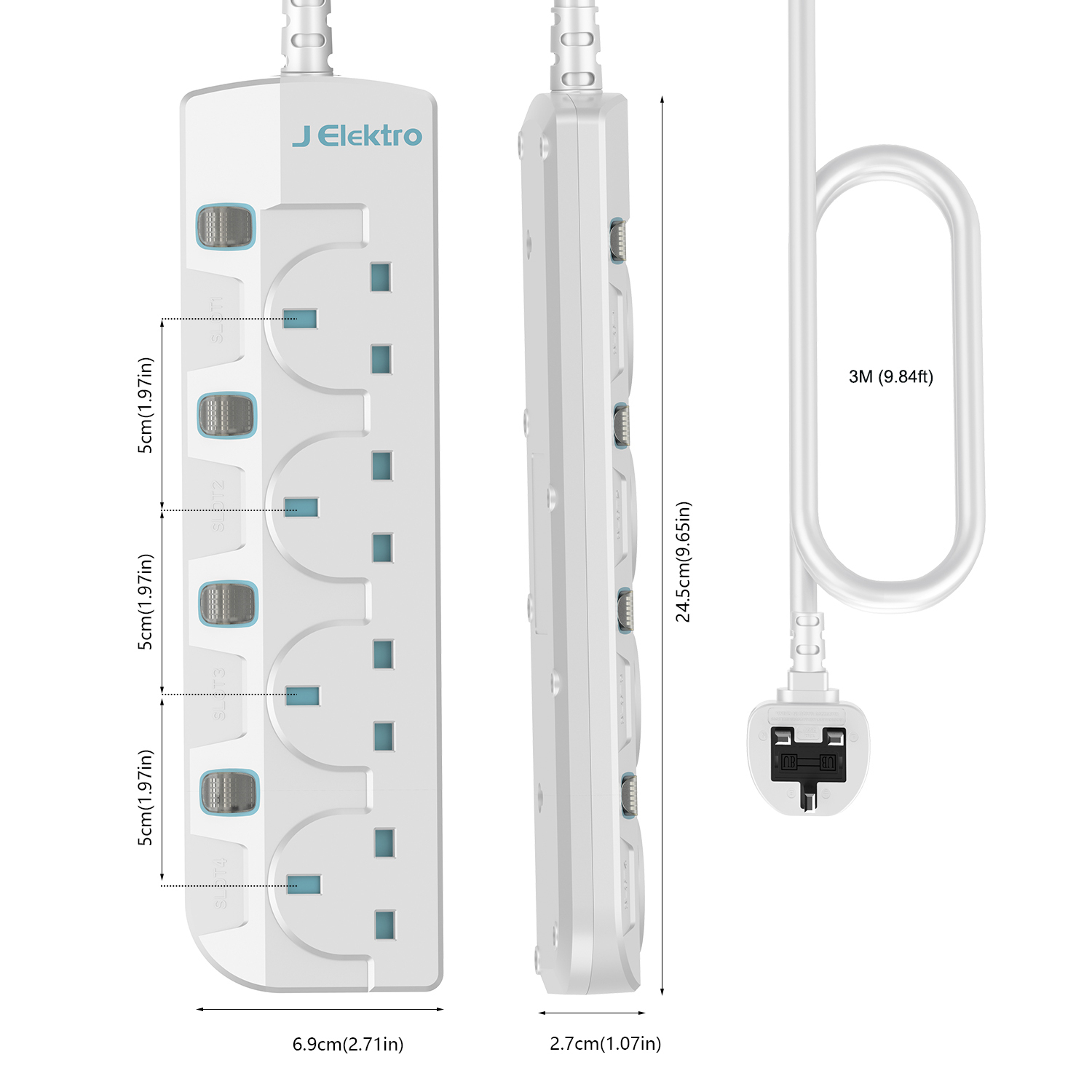 4 Gang Wall Mount Power Strip with 3M Extension Lead Widely Spaced AC Sockets, Multi Outlet Extension Lead for Home Entertainment Center