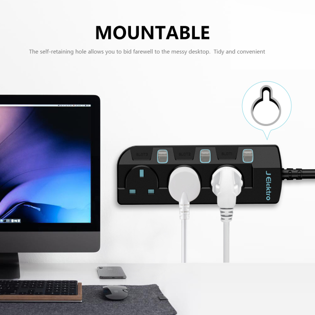 Slim Wall Mount Power Strip with 3M Extension Lead Widely Spaced AC Sockets, Multi Outlet Extension Lead for Home Entertainment Center