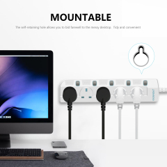 Slim Wall Mount Power Strip with 3M Extension Lead Widely Spaced AC Sockets, Multi Outlet Extension Lead for Home Entertainment Center