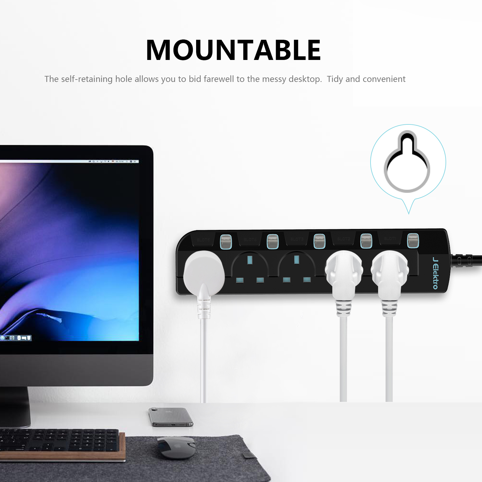 Slim Wall Mount Power Strip with 3M Extension Lead Widely Spaced AC Sockets, Multi Outlet Extension Lead for Home Entertainment Center
