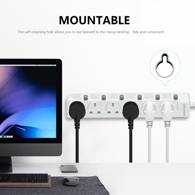Slim Wall Mount Power Strip with 3M Extension Lead Widely Spaced AC Sockets, Multi Outlet Extension Lead for Home Entertainment Center