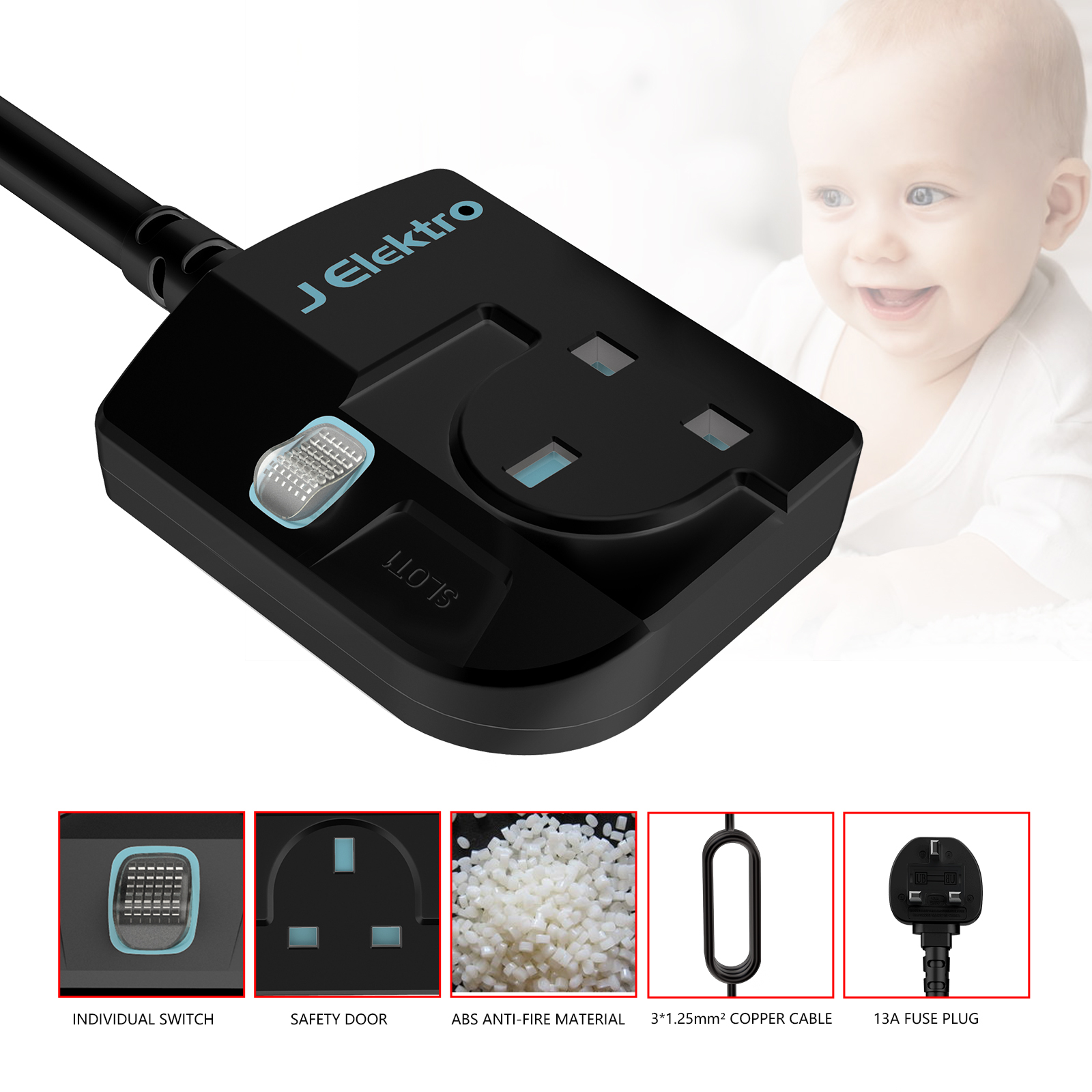 Slim Wall Mount Power Strip with 3M Extension Lead Widely Spaced AC Sockets, Multi Outlet Extension Lead for Home Entertainment Center