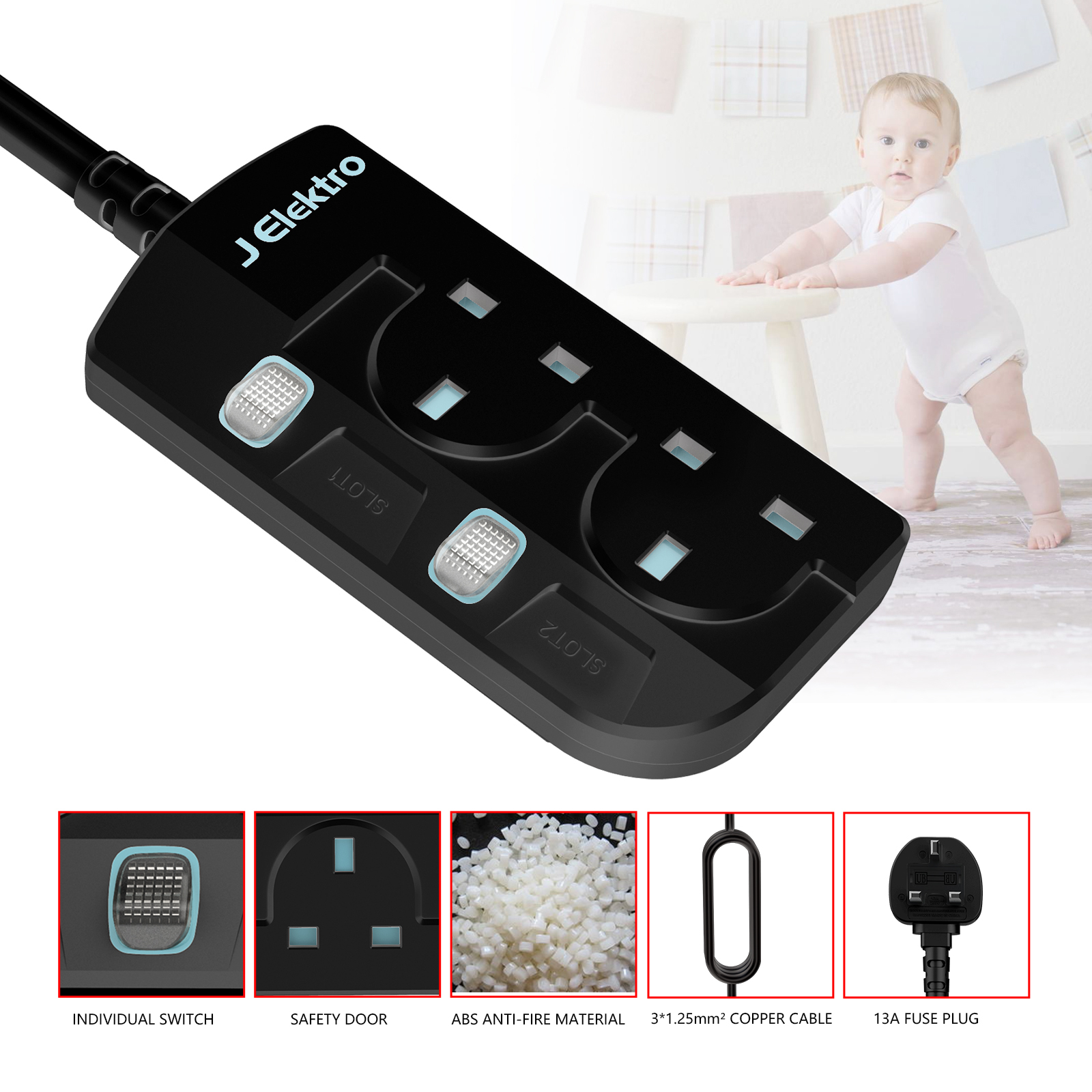 Slim Wall Mount Power Strip with 3M Extension Lead Widely Spaced AC Sockets, Multi Outlet Extension Lead for Home Entertainment Center