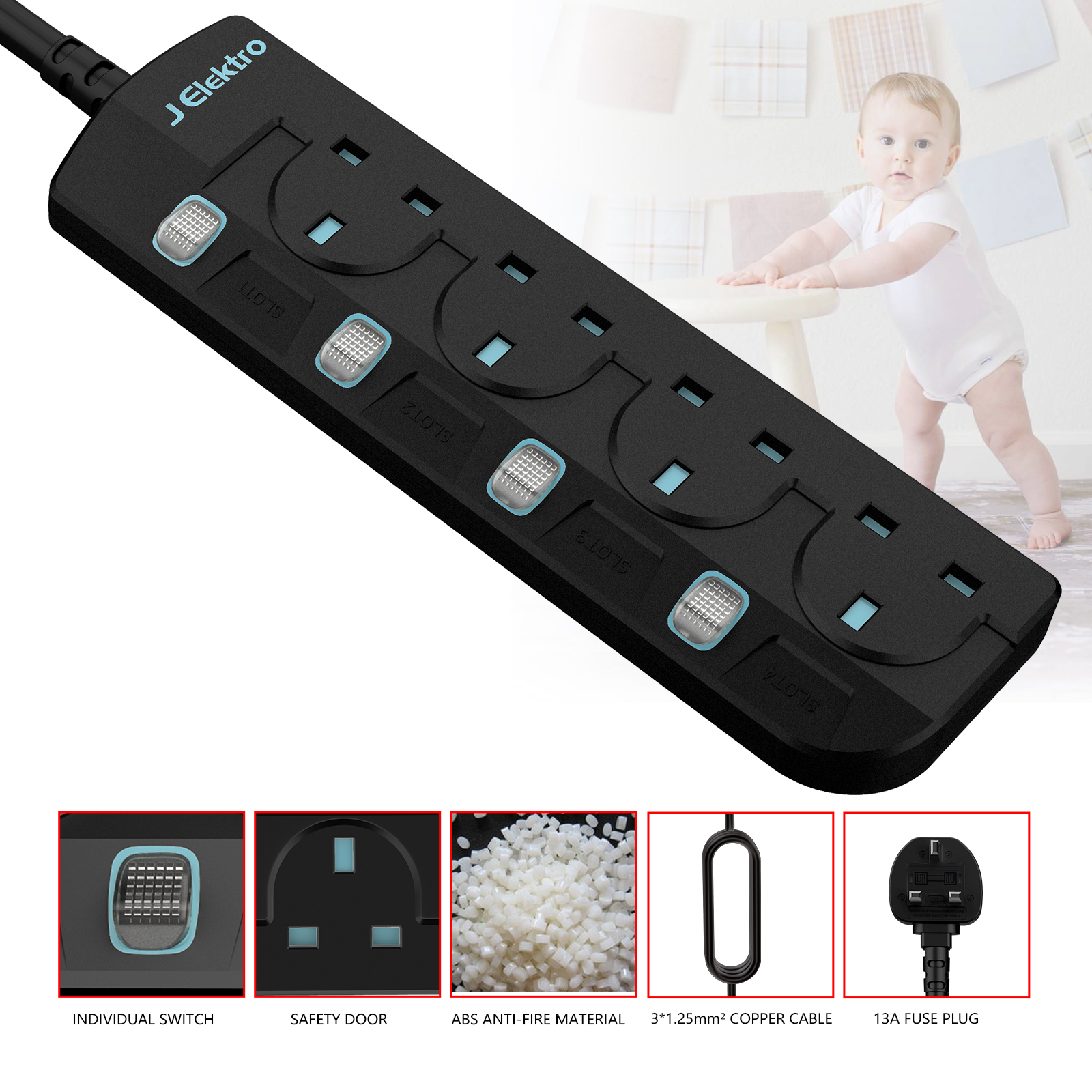 Slim Wall Mount Power Strip with 3M Extension Lead Widely Spaced AC Sockets, Multi Outlet Extension Lead for Home Entertainment Center