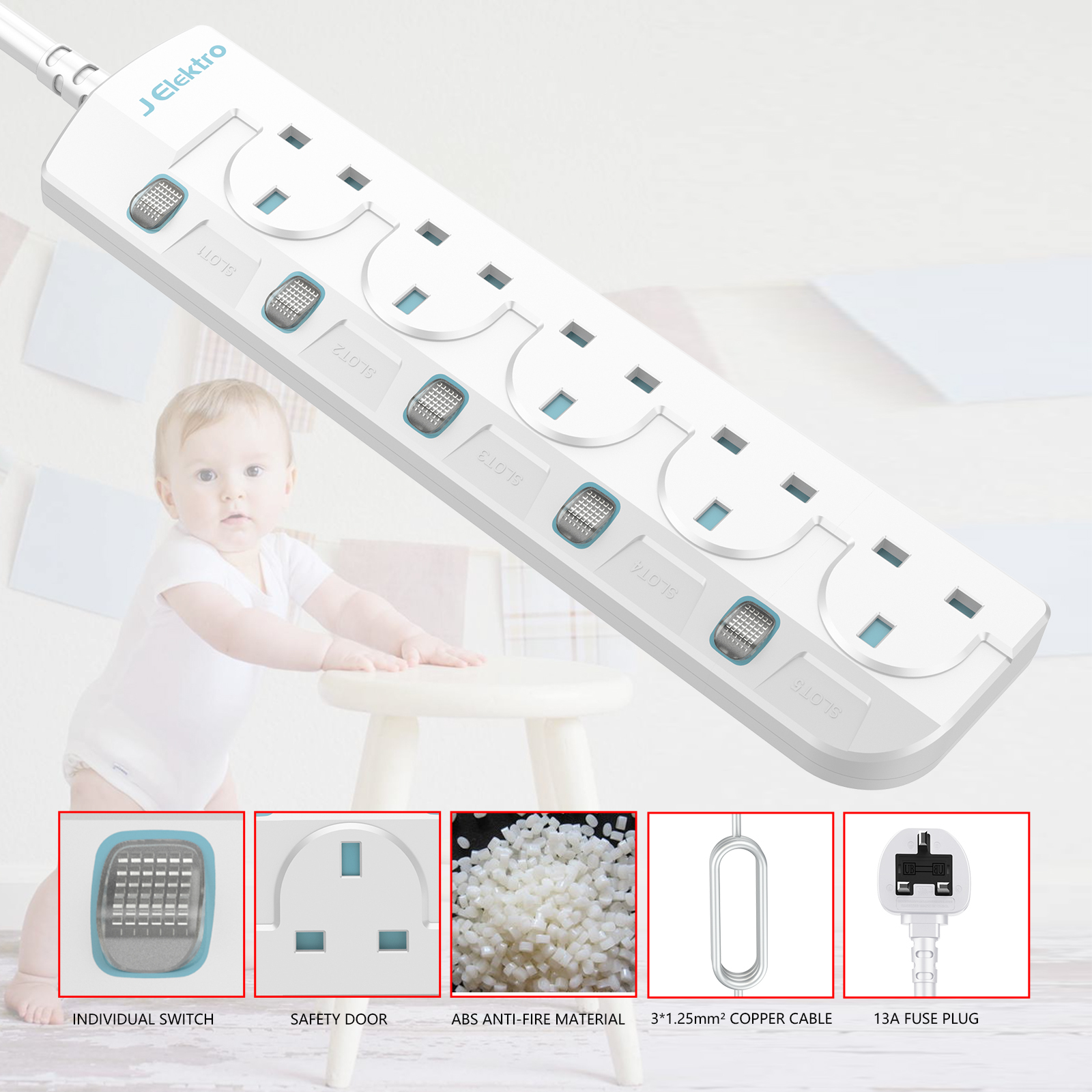 Slim Wall Mount Power Strip with 3M Extension Lead Widely Spaced AC Sockets, Multi Outlet Extension Lead for Home Entertainment Center