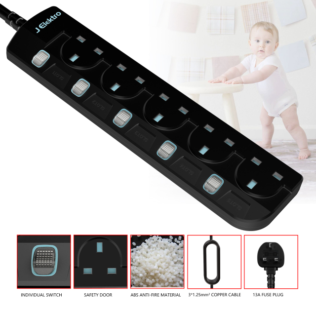 Slim Wall Mount Power Strip with 3M Extension Lead Widely Spaced AC Sockets, Multi Outlet Extension Lead for Home Entertainment Center