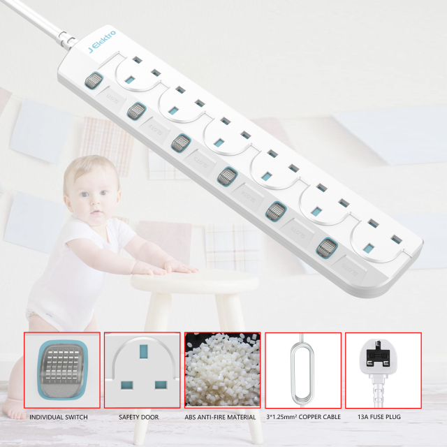 Slim Wall Mount Power Strip with 3M Extension Lead Widely Spaced AC Sockets, Multi Outlet Extension Lead for Home Entertainment Center