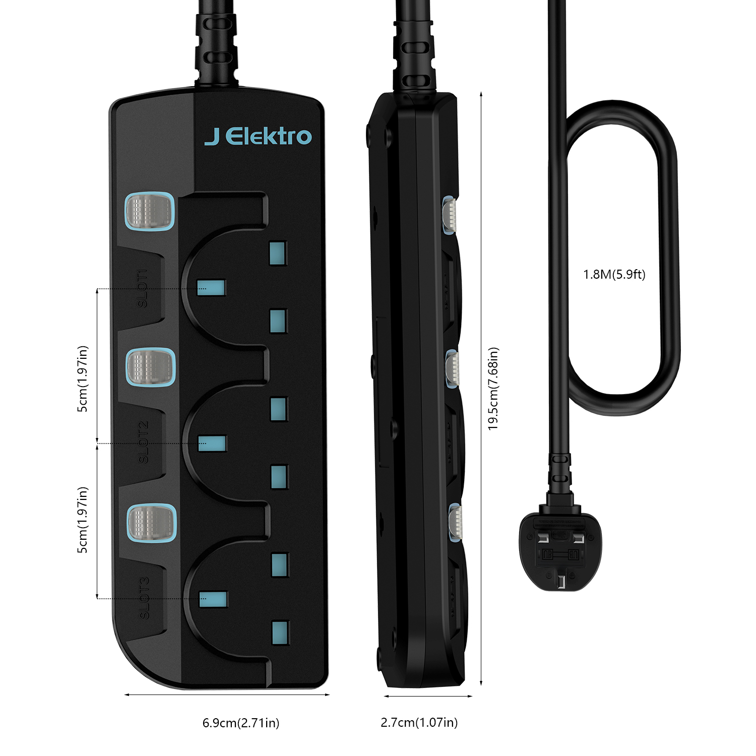 Slim Wall Mount Power Strip with 3M Extension Lead Widely Spaced AC Sockets, Multi Outlet Extension Lead for Home Entertainment Center