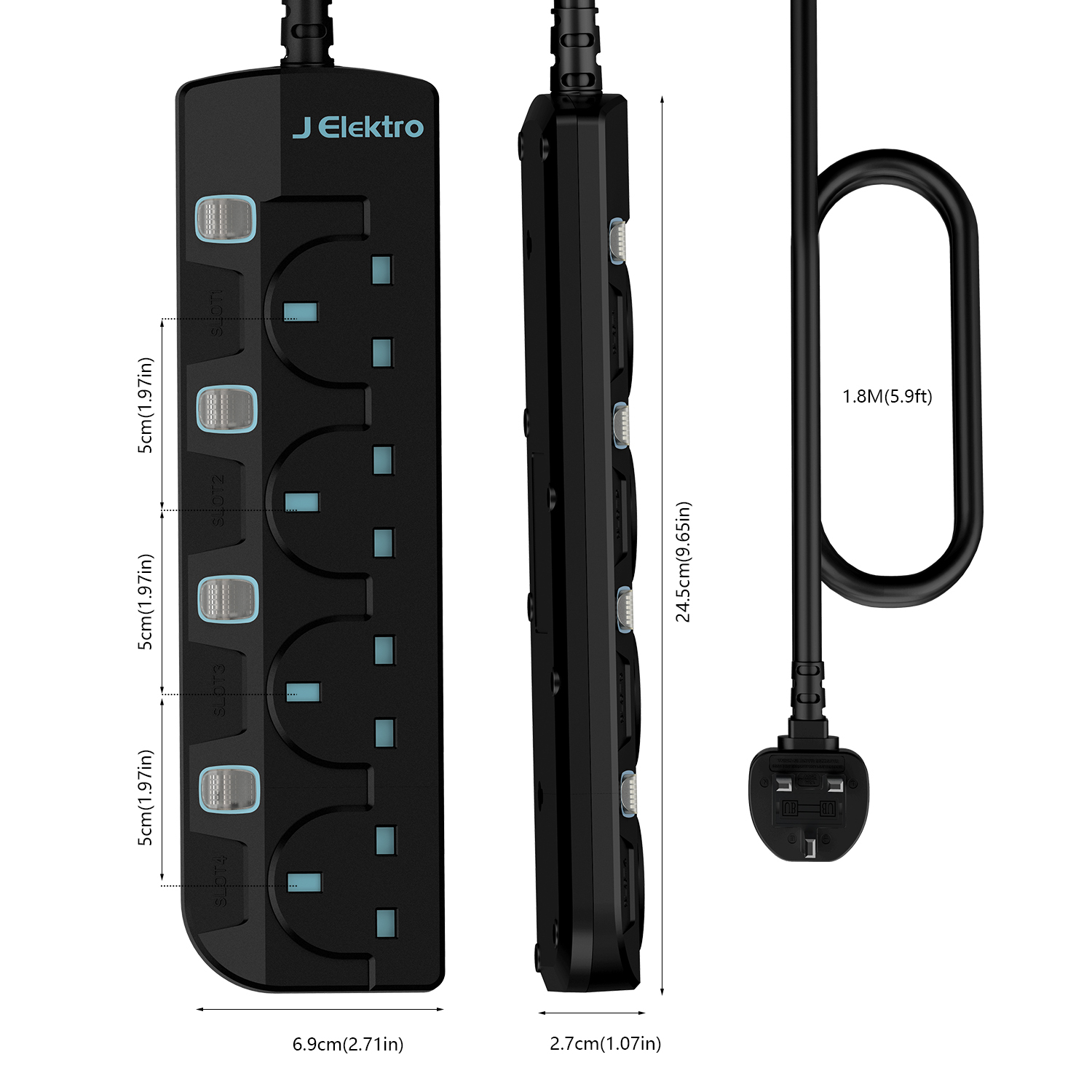 Slim Wall Mount Power Strip with 3M Extension Lead Widely Spaced AC Sockets, Multi Outlet Extension Lead for Home Entertainment Center