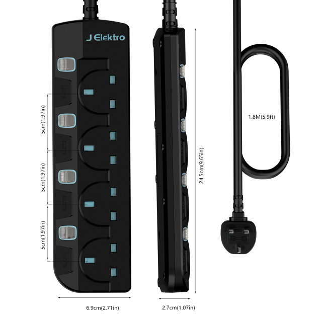 Slim Wall Mount Power Strip with 3M Extension Lead Widely Spaced AC Sockets, Multi Outlet Extension Lead for Home Entertainment Center