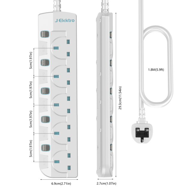 Slim Wall Mount Power Strip with 3M Extension Lead Widely Spaced AC Sockets, Multi Outlet Extension Lead for Home Entertainment Center