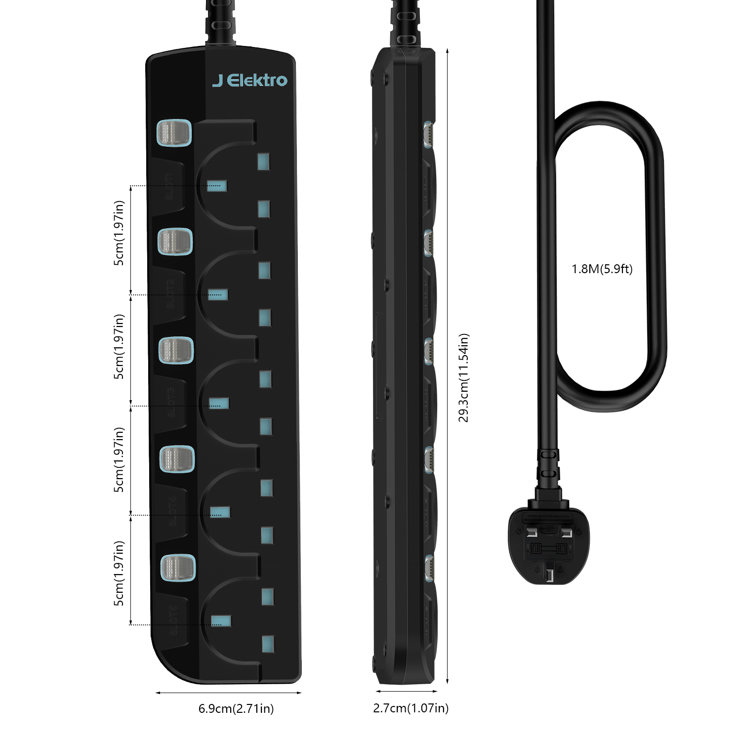 Slim Wall Mount Power Strip with 3M Extension Lead Widely Spaced AC Sockets, Multi Outlet Extension Lead for Home Entertainment Center