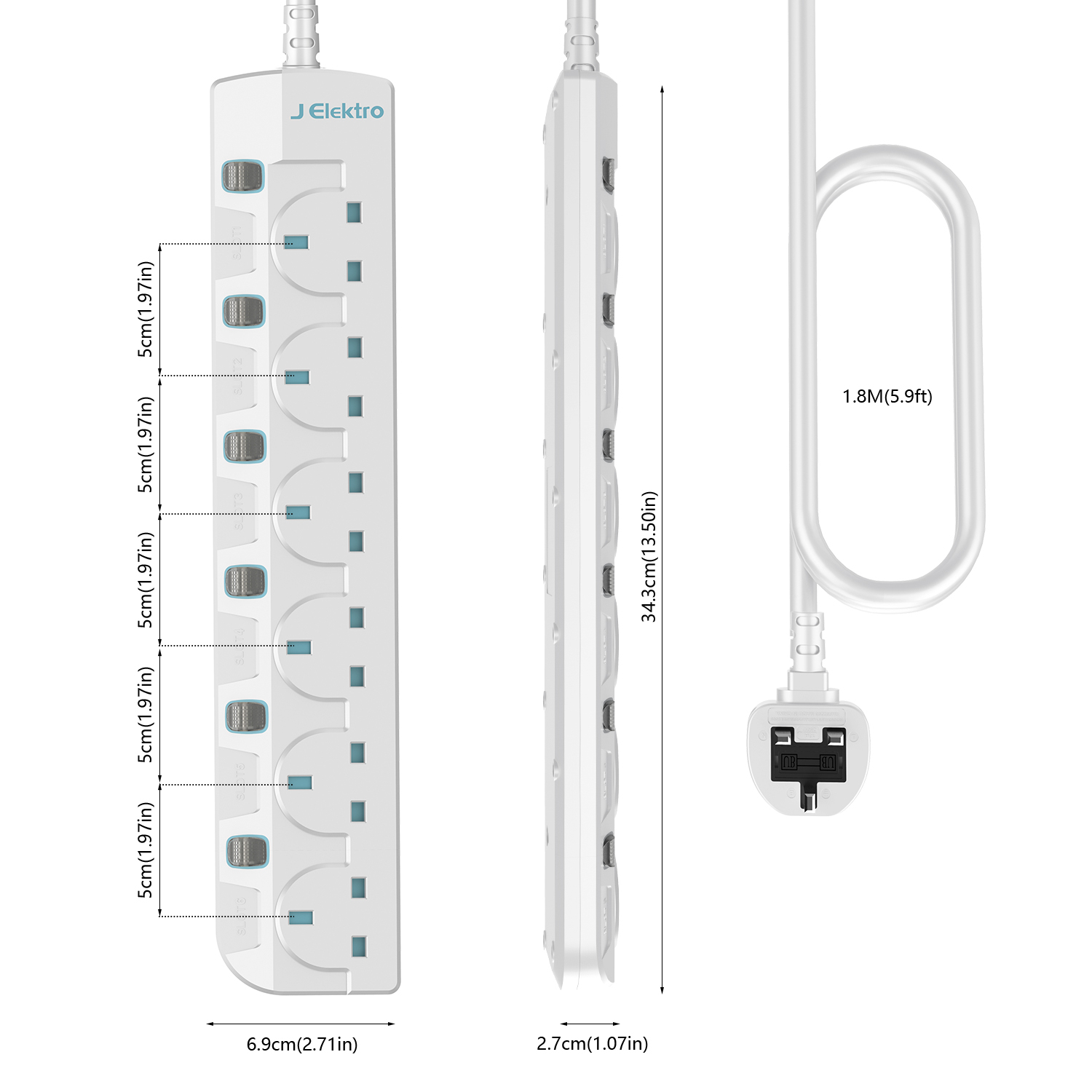 Slim Wall Mount Power Strip with 3M Extension Lead Widely Spaced AC Sockets, Multi Outlet Extension Lead for Home Entertainment Center