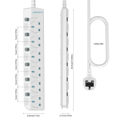 Slim Wall Mount Power Strip with 3M Extension Lead Widely Spaced AC Sockets, Multi Outlet Extension Lead for Home Entertainment Center