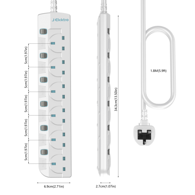 Slim Wall Mount Power Strip with 3M Extension Lead Widely Spaced AC Sockets, Multi Outlet Extension Lead for Home Entertainment Center