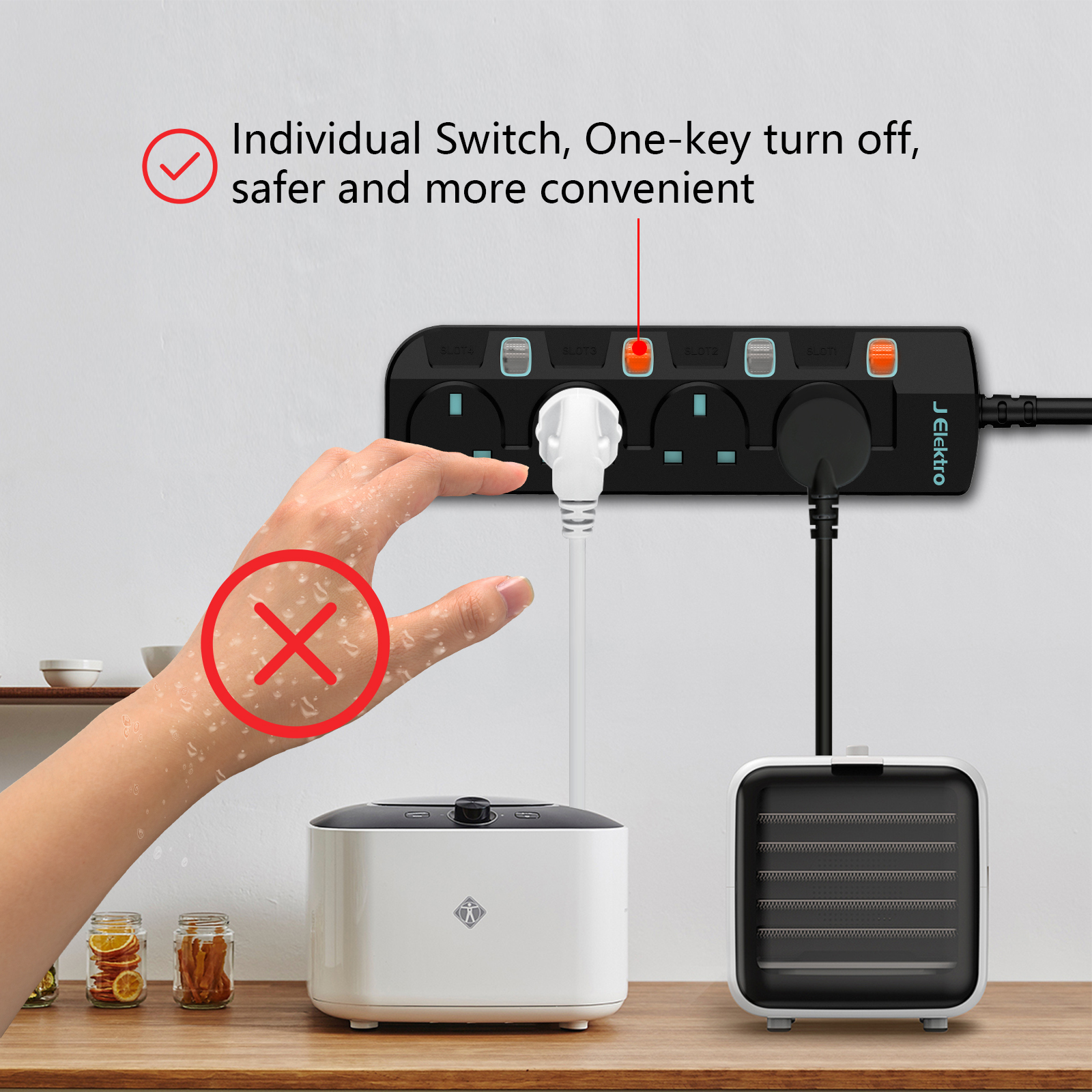 Slim Wall Mount Power Strip with 3M Extension Lead Widely Spaced AC Sockets, Multi Outlet Extension Lead for Home Entertainment Center