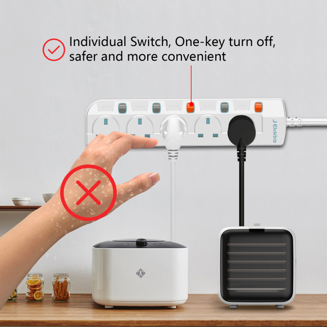 Slim Wall Mount Power Strip with 3M Extension Lead Widely Spaced AC Sockets, Multi Outlet Extension Lead for Home Entertainment Center