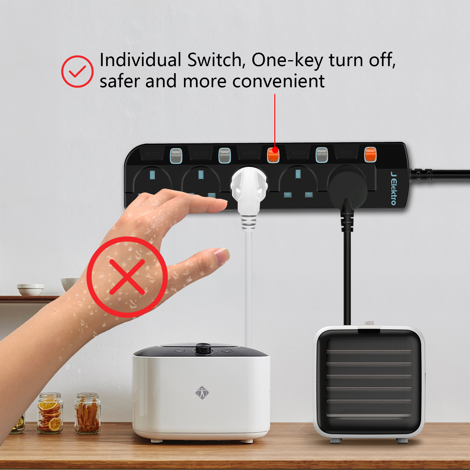 Slim Wall Mount Power Strip with 3M Extension Lead Widely Spaced AC Sockets, Multi Outlet Extension Lead for Home Entertainment Center