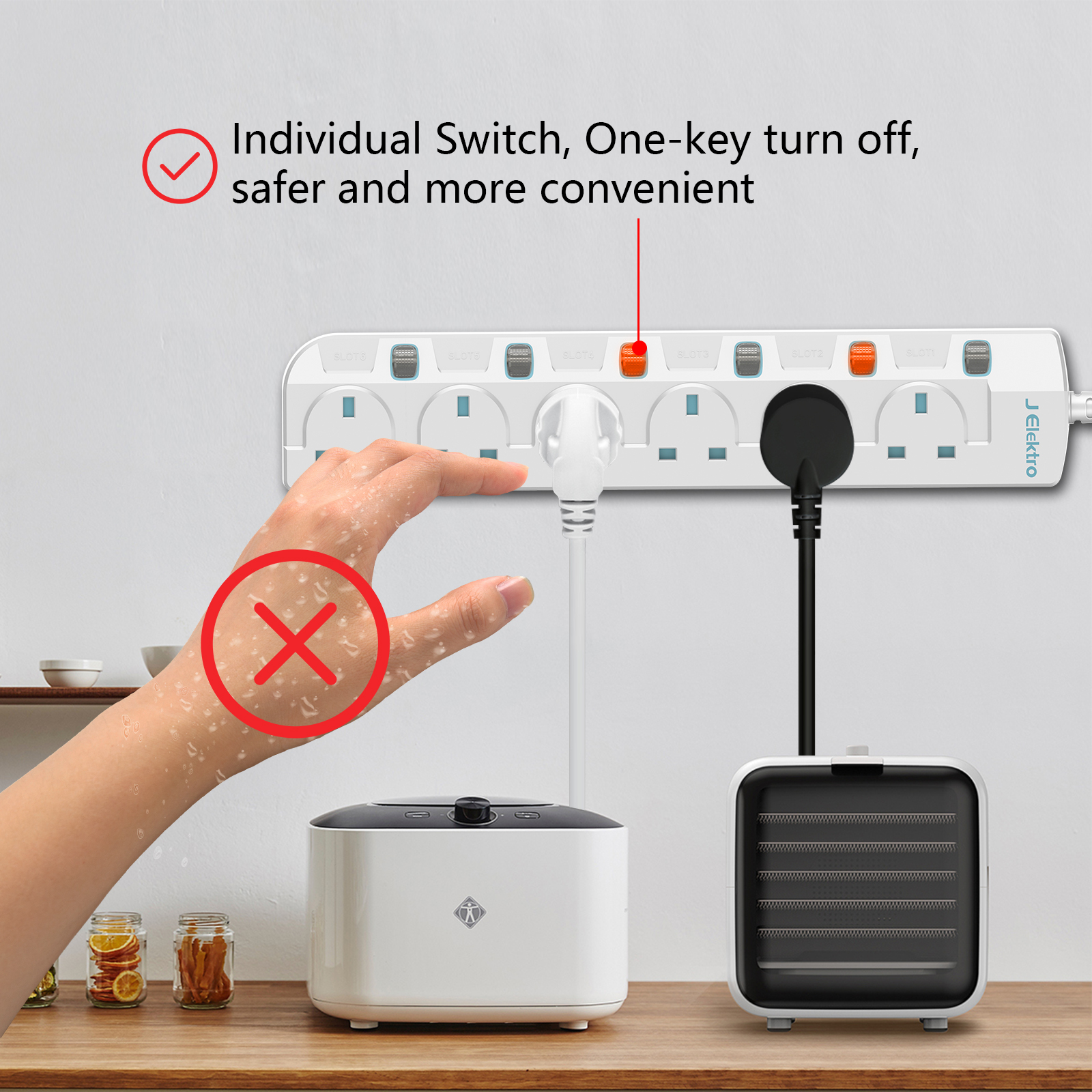Slim Wall Mount Power Strip with 3M Extension Lead Widely Spaced AC Sockets, Multi Outlet Extension Lead for Home Entertainment Center