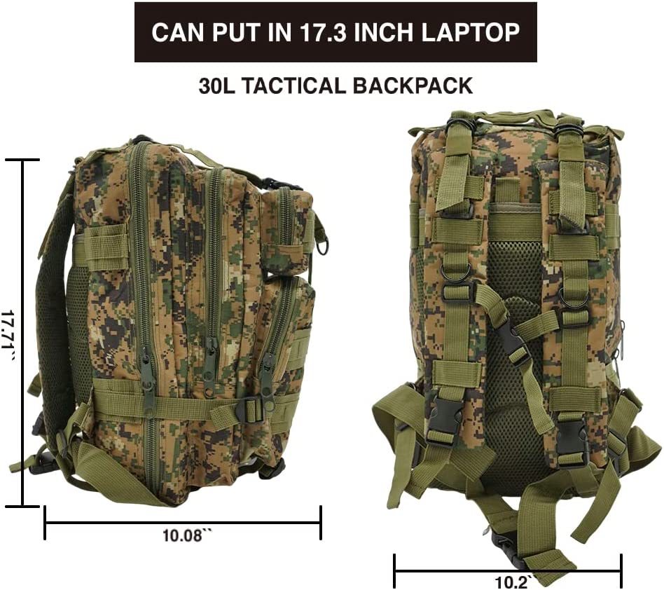 Tactical Backpack, 30L Military Waterproof Army Backpacks with MOLLE System for Outdoors, Hiking, Travel, Camping, and Survival in the Wild (Camo Green)