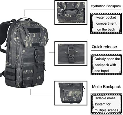 Military Backpack for Men Survival Backpacks with Multi Grid Storage Design for Hiking Ridding Travel Work School (Black Camo)