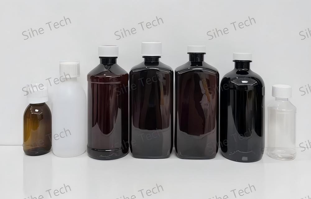 16 oz Oval Oblong Empty Amber Liquid Medicine Quagen Plastic Bottles with Red Writing CRC Caps and Foil Seal