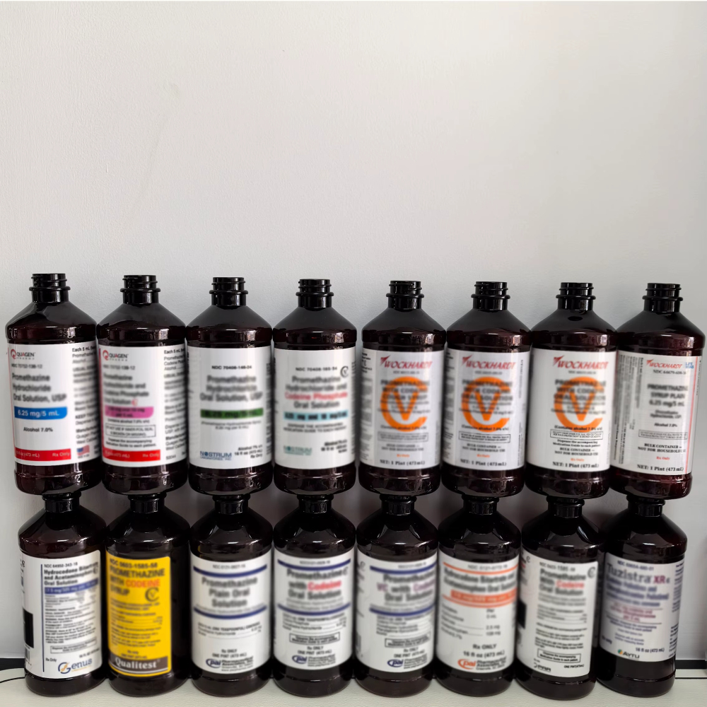 16 oz Oval Oblong Empty Amber Liquid Medicine Nostrum Plastic Bottles with Red Writing CRC Caps and Foil Seal