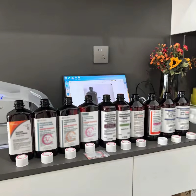 Wholesale Empty Amber 473ml 16OZ Square Cough Syrup Pharmacy Plastic Bottle with Red Writing CRC Caps and Foil Seal