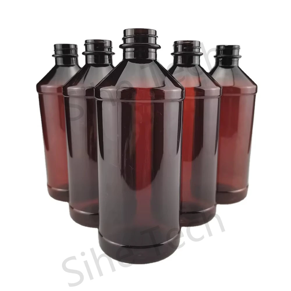 Detail view of the 473ml amber PET lean arch bottle body with matte finish