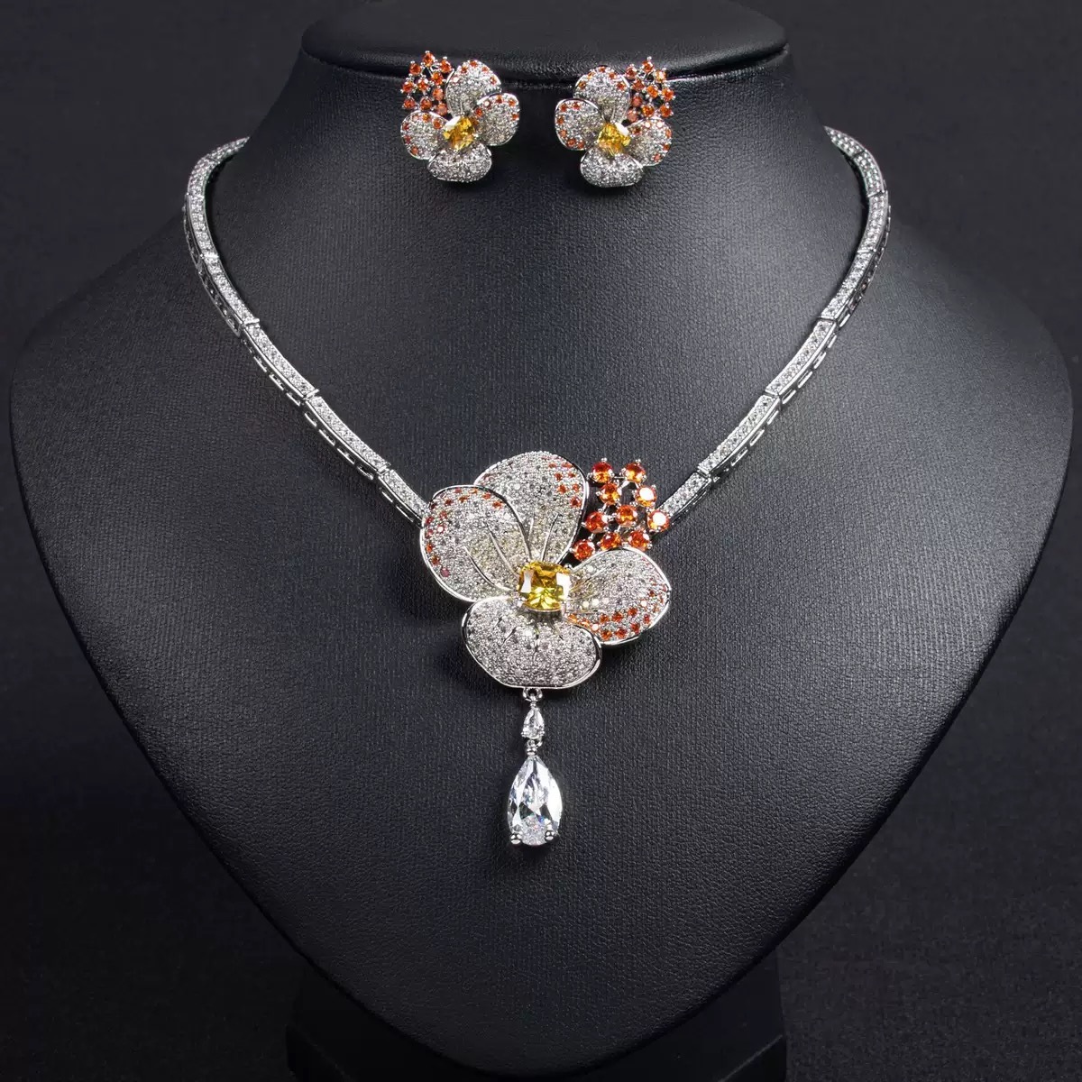 Flower Zircon Necklace Earrings Set