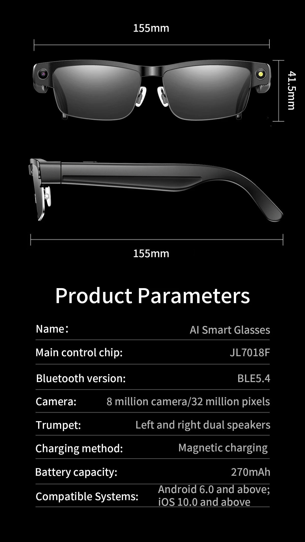 I0108 Smart Glasses PC Material Compatible with iOS & Android