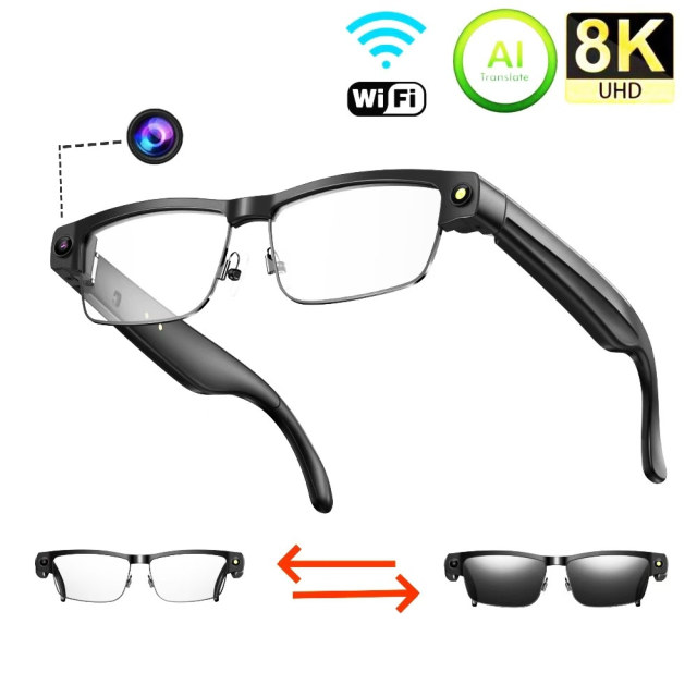 I000134 AI Smart Glasses  4K Video, Camera, IPX5 Waterproof, Large Battery, Call Answering, Photo Recognition, Voice Control  Universal Compatibility