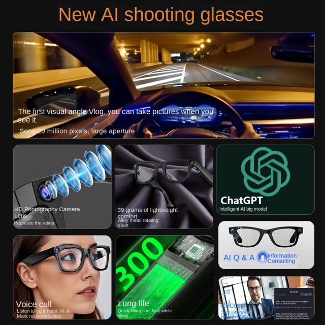 I0018 Smart Glasses  800W HD Camera, 32GB Storage, WiFi Transfer, ChatGPT Integration, Gesture Control, AI Translation, Photography Universal Compatibility