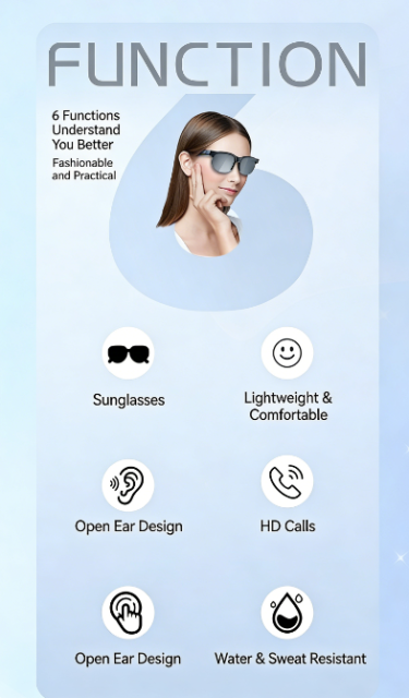 I0101 Smart Sunglasses with Open-Ear Wireless Earbuds, Bluetooth & AI Translator Universal Compatibility