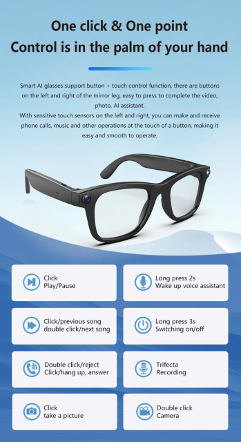 I0122 Smart Glasses with Blue Light Blocking, Directional Audio, AI Translation & 1080P Resolution Universal Compatibility