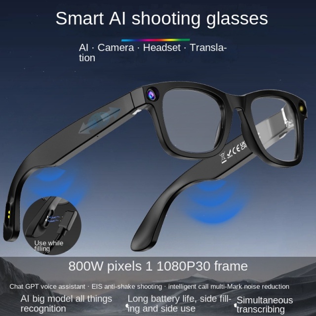 I0018 Smart Glasses  800W HD Camera, 32GB Storage, WiFi Transfer, ChatGPT Integration, Gesture Control, AI Translation, Photography Universal Compatibility