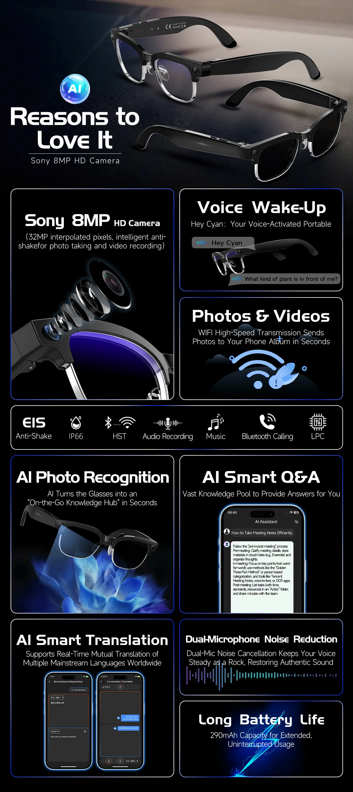 I0105 Smart Wearable Glasses Premium PC Material Fit for iOS & Android