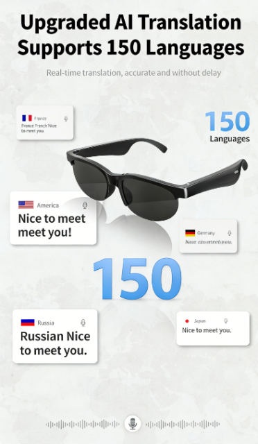 I0109 Smart Sunglasses with Waterproof AI Translation, Bluetooth & Built-in Earphones Universal Compatibility