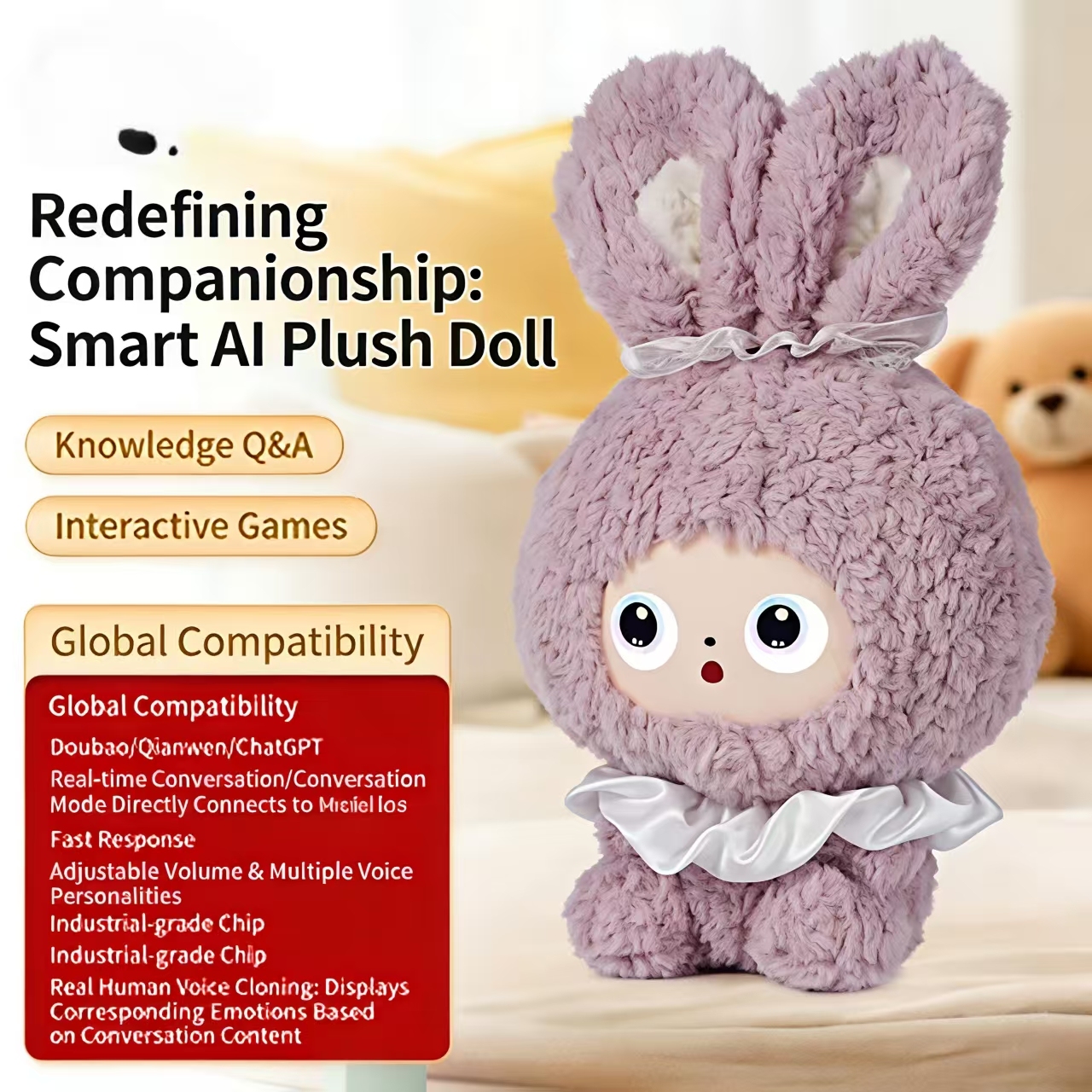 I0047 AI Rabbit Early Education Plush Doll Sitting Posture, Intelligent Dialogue, Interactive Companion, Birthday Gift Option Kid-friendly
