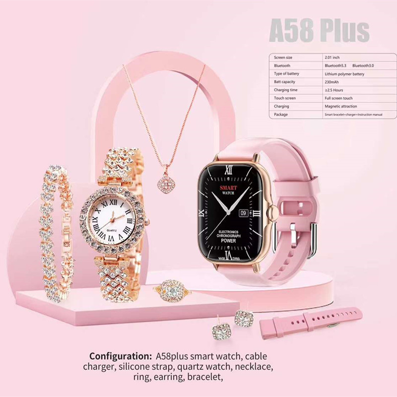I0006 Luxury Smart Watch with Bracelet Ring Earrings Necklace Gift Pack