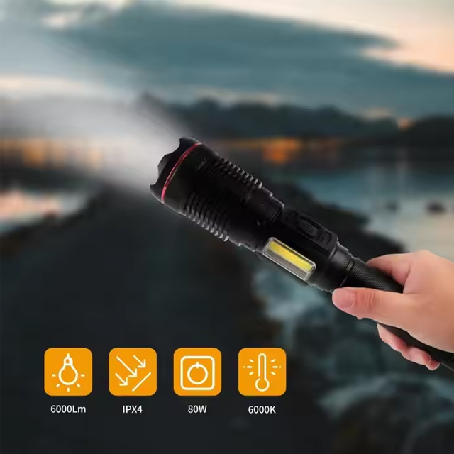 IPX4 Rechargeable 6000 lumen Aluminum Durable and Portable COB Flashlight: High Power and Versatile for Professional Use