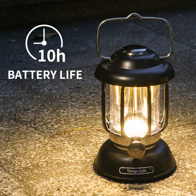 Outdoor Atmosphere IPX4 370-lumen rechargeable Retro Camping Light with hook: COB Waterproof Portable Lantern for Tents and Campsites