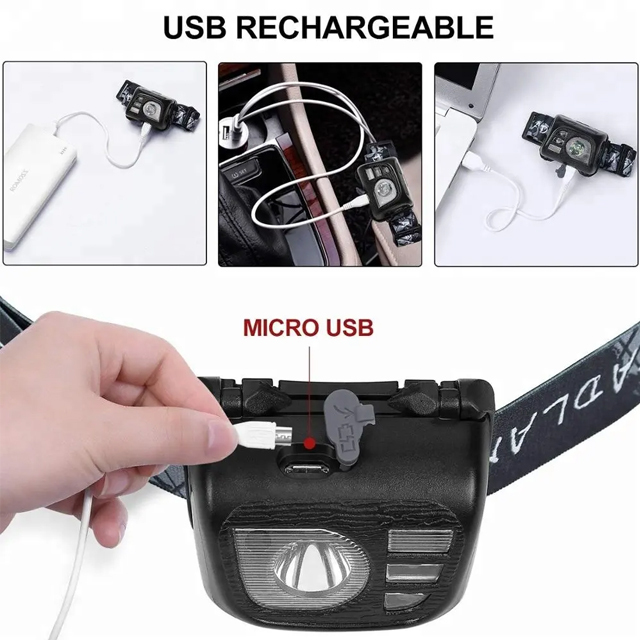 Portable Rechargeable LED Headlamp with Sensor - Waterproof and Ideal for Fishing and Camping