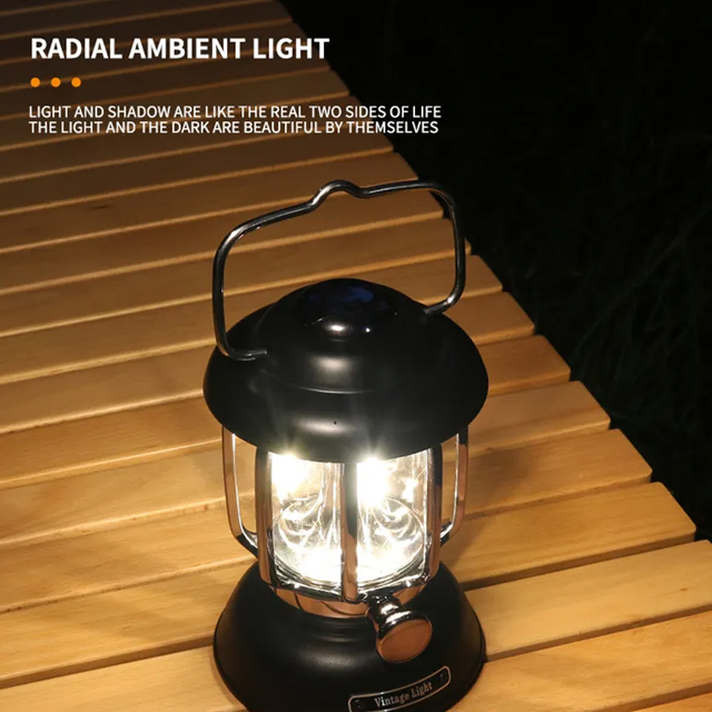Outdoor Atmosphere IPX4 370-lumen rechargeable Retro Camping Light with hook: COB Waterproof Portable Lantern for Tents and Campsites