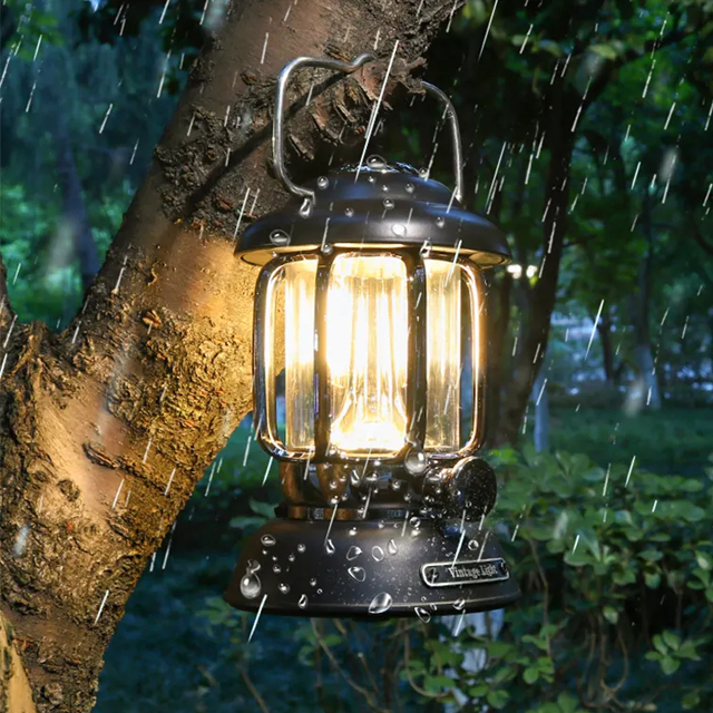 Outdoor Atmosphere IPX4 370-lumen rechargeable Retro Camping Light with hook: COB Waterproof Portable Lantern for Tents and Campsites